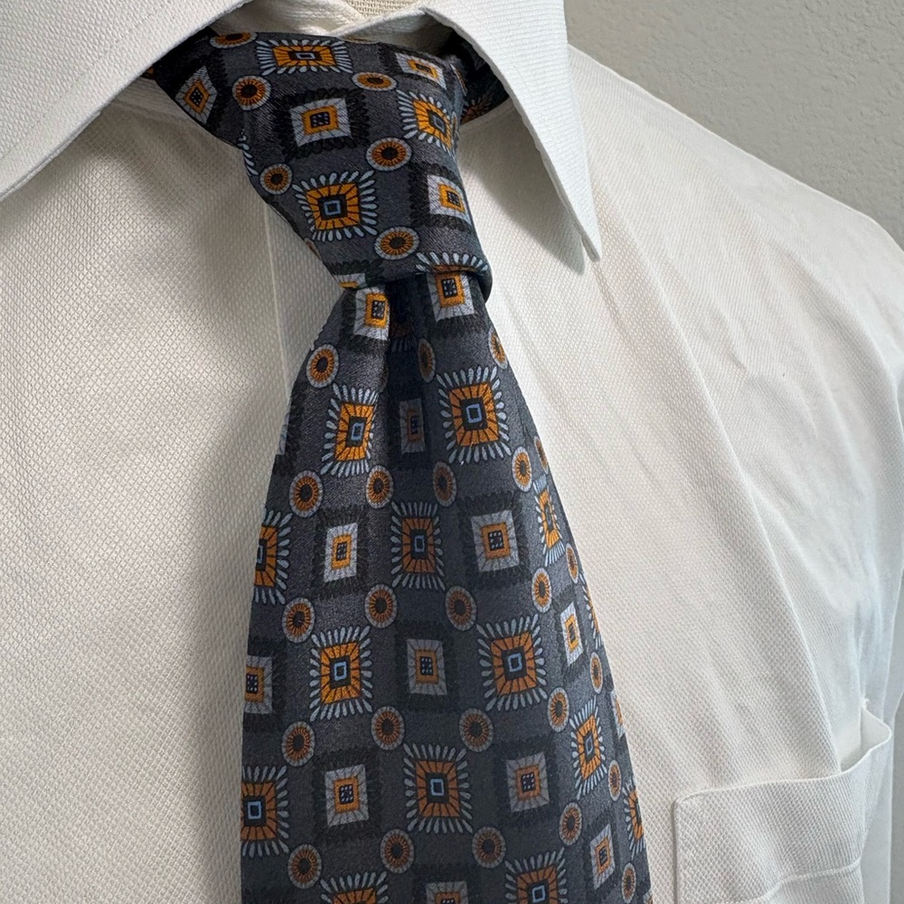 Ermenegildo Zegna Charcoal Gray Tie with Orange and Blue Medallions